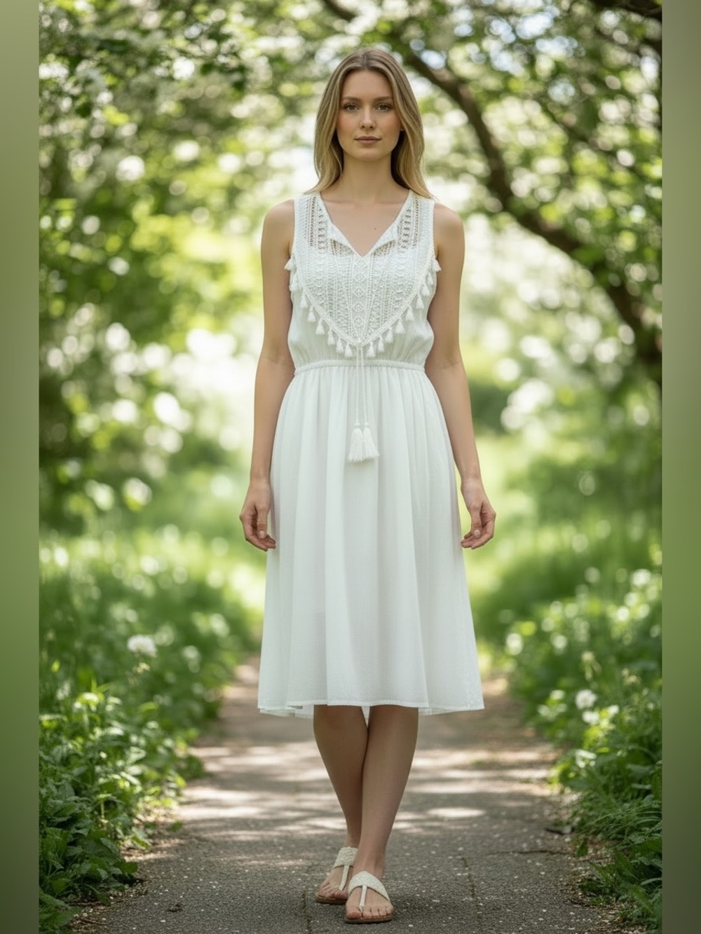White Boho Lace Tassel Midi Dress | Sleeveless Resort Vacation Dress